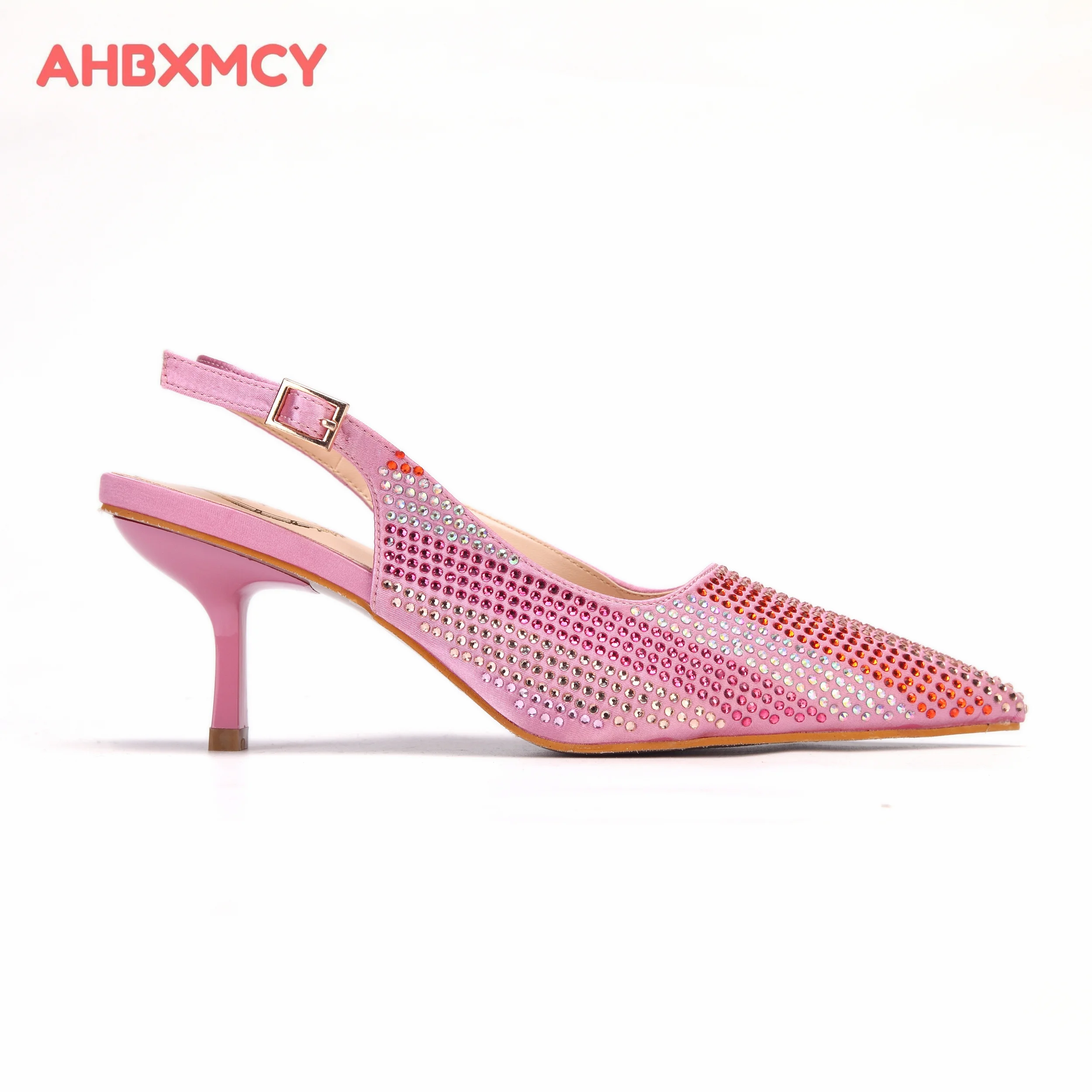 2024 Высококачественные сандалии розового цвета с острым носком, украшенные кристаллами, для женщин на свадебной вечеринке - 2