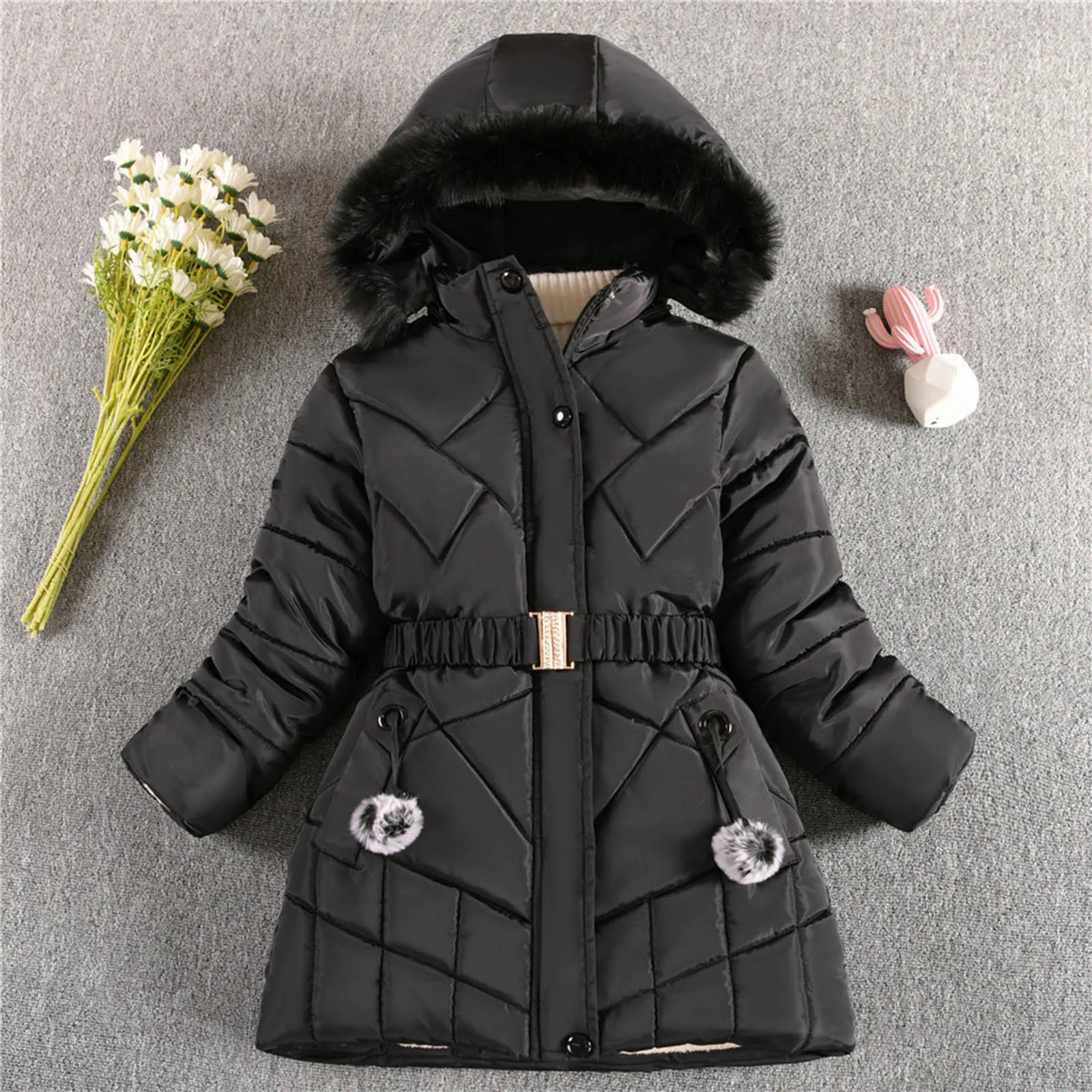 2024 Новая Зимняя Теплая куртка для девочек с поясным ремнем, Съемная Подкладка для шляпы, Плюшевое Тяжелое пальто с капюшоном для детей - 0