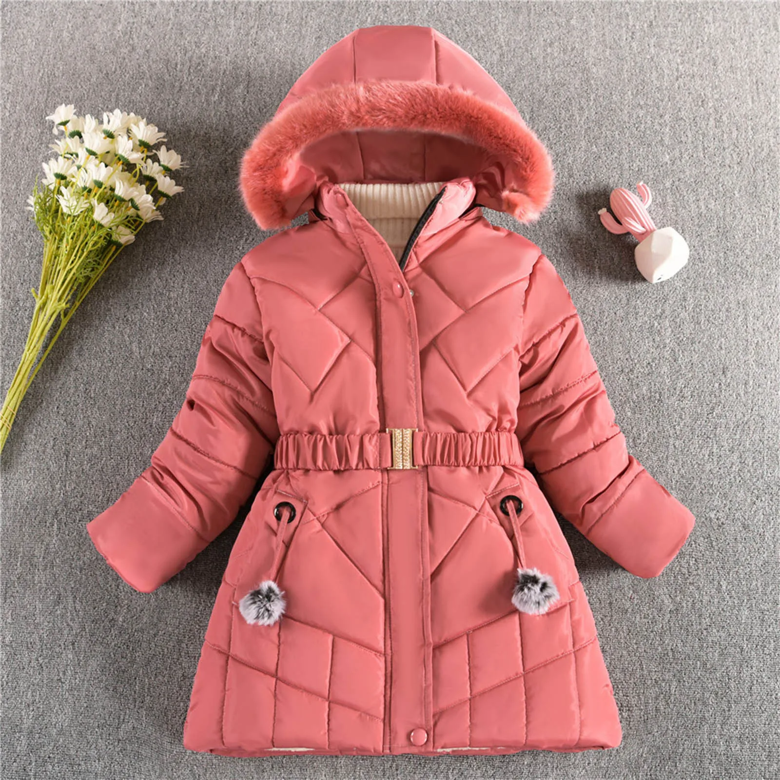 2024 Новая Зимняя Теплая куртка для девочек с поясным ремнем, Съемная Подкладка для шляпы, Плюшевое Тяжелое пальто с капюшоном для детей - 1
