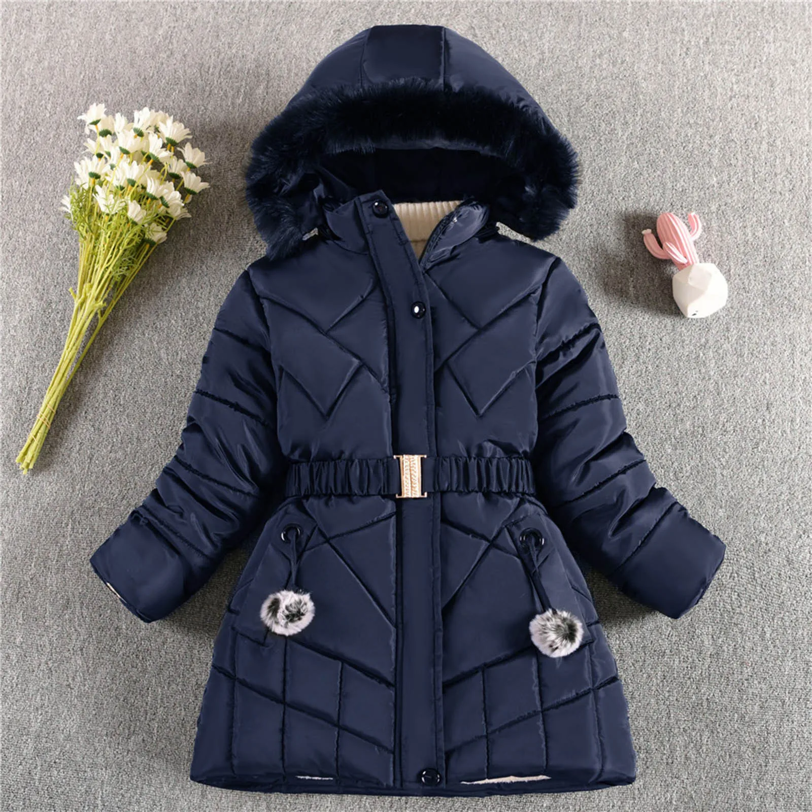 2024 Новая Зимняя Теплая куртка для девочек с поясным ремнем, Съемная Подкладка для шляпы, Плюшевое Тяжелое пальто с капюшоном для детей - 2