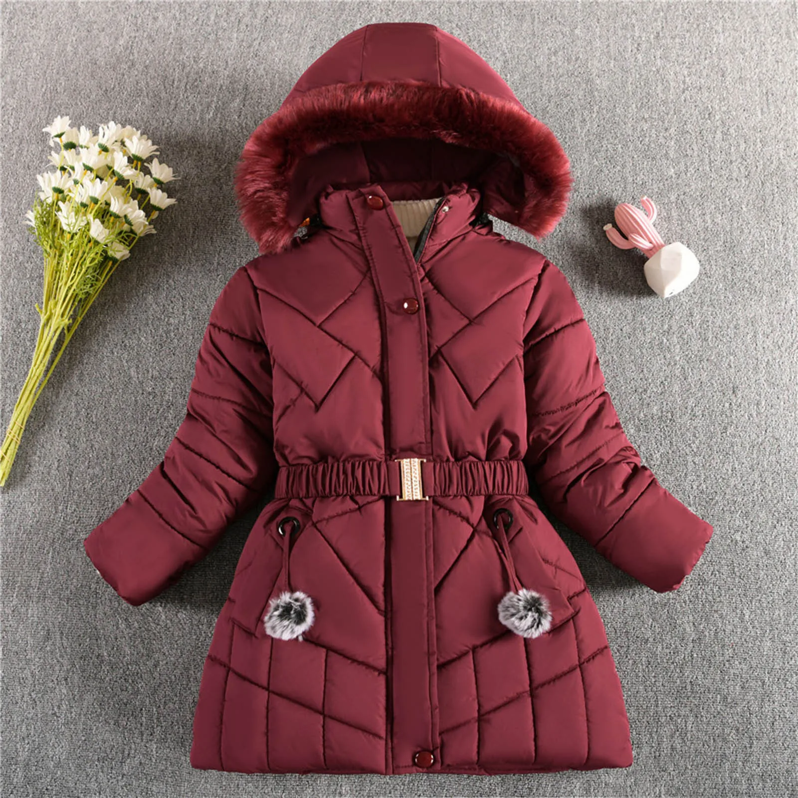 2024 Новая Зимняя Теплая куртка для девочек с поясным ремнем, Съемная Подкладка для шляпы, Плюшевое Тяжелое пальто с капюшоном для детей - 3