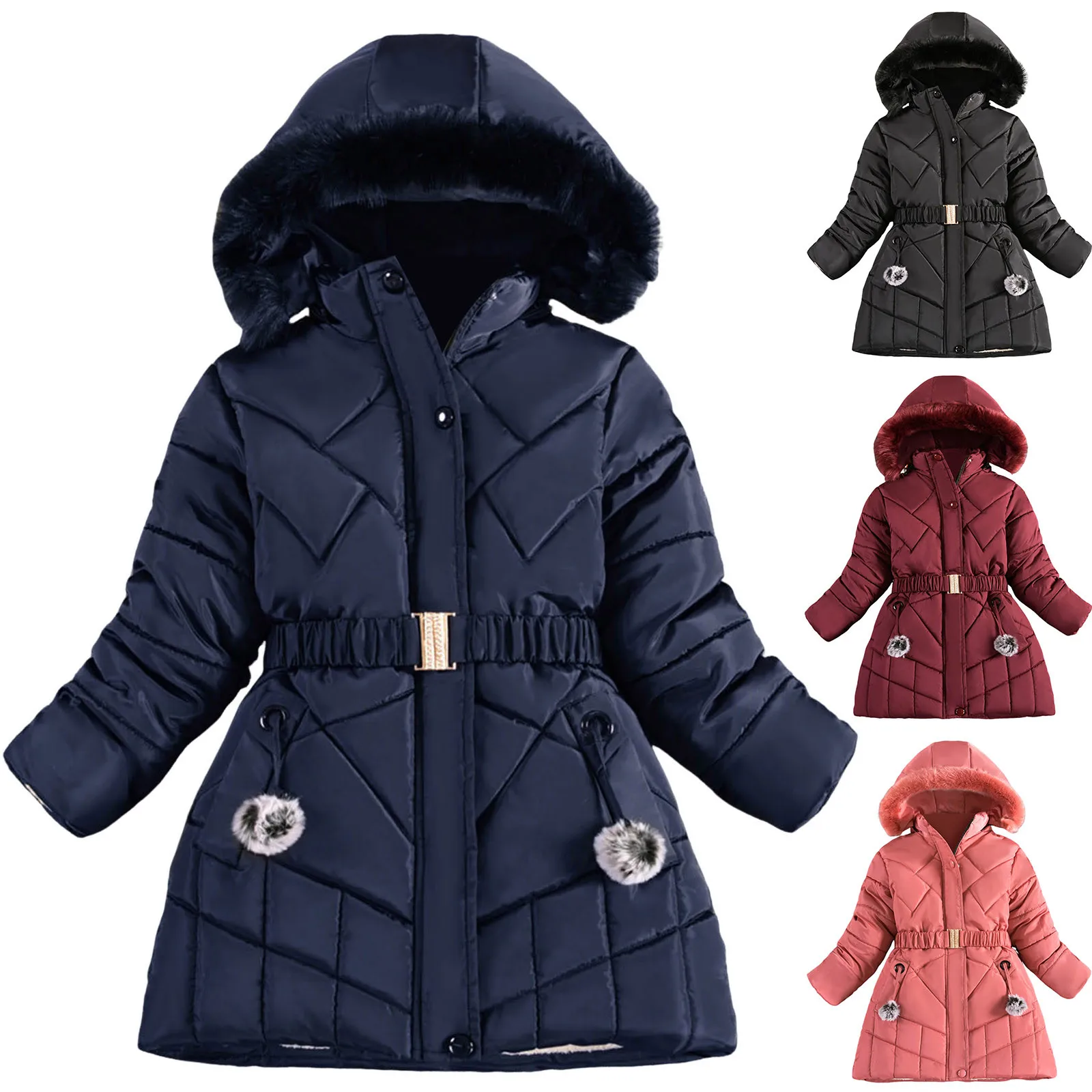 2024 Новая Зимняя Теплая куртка для девочек с поясным ремнем, Съемная Подкладка для шляпы, Плюшевое Тяжелое пальто с капюшоном для детей - 5
