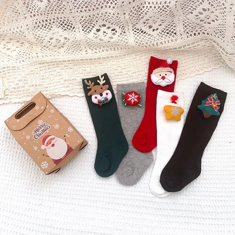 Ins Зимние новые детские рождественские носки с объемным мультяшным рисунком, детские однотонные нескользящие носки в пол - 1