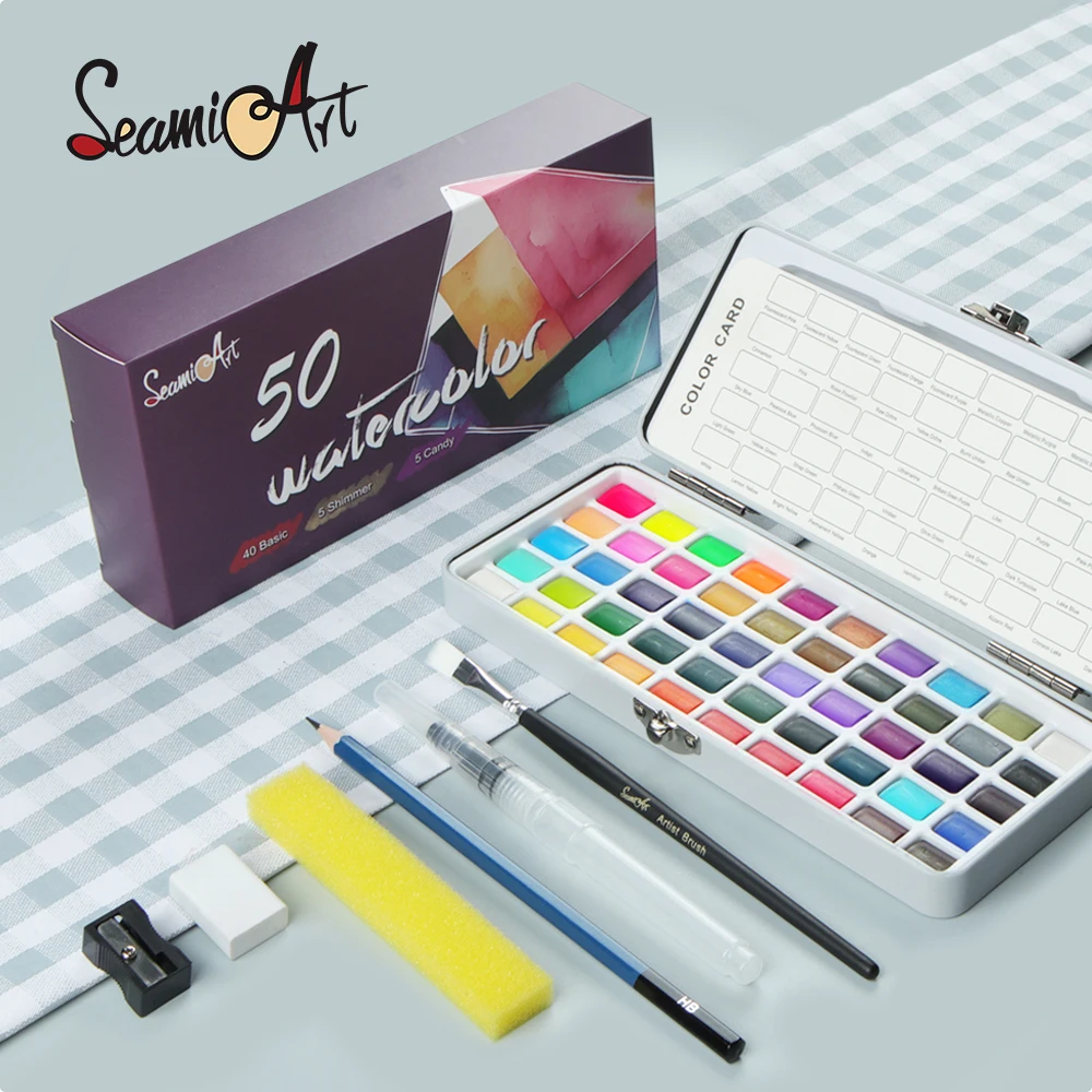 SeamiArt 50color Basic Shimmer Карамельный Пигмент, Набор для рисования сплошной акварелью с кистью для художественных принадлежностей - 0