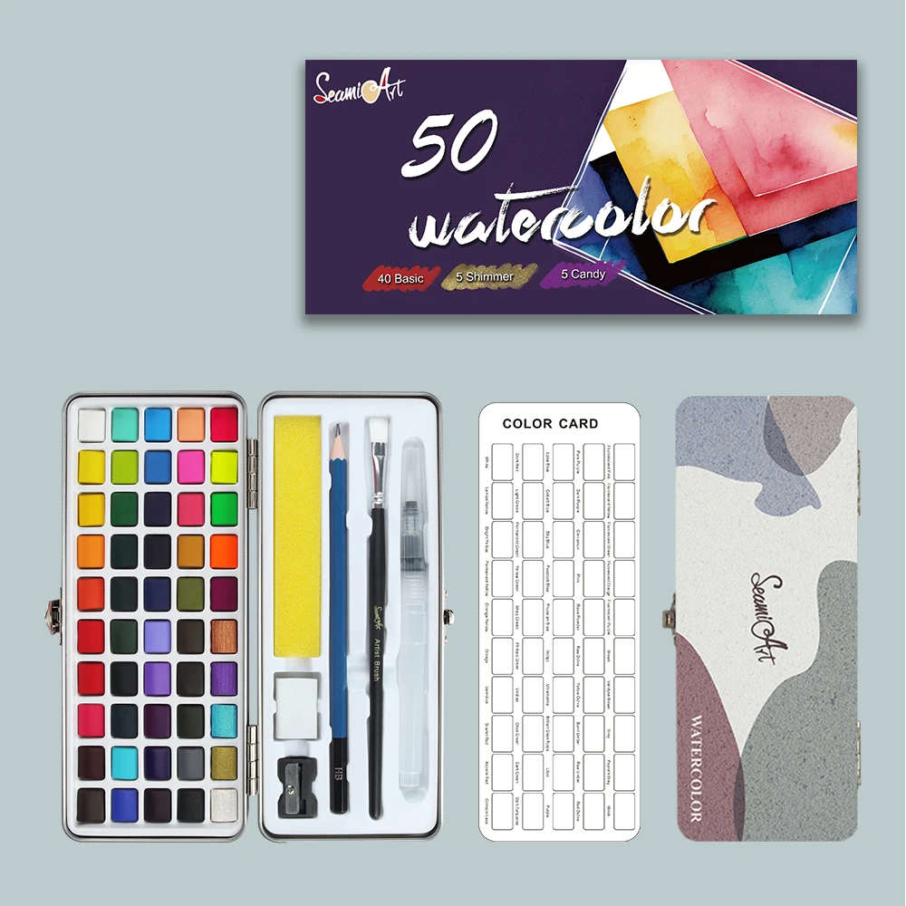 SeamiArt 50color Basic Shimmer Карамельный Пигмент, Набор для рисования сплошной акварелью с кистью для художественных принадлежностей - 1