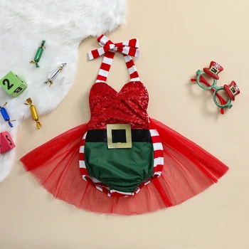 0-24 м Рождественский комбинезон для маленьких девочек, платье для новорожденных, комбинезон без рукавов с блестками, детский костюм для рождественской вечеринки, детские костюмы для рождественской вечеринки