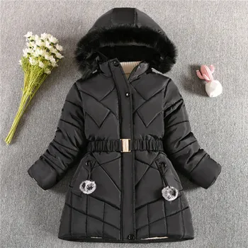 2024 Новая Зимняя Теплая куртка для девочек с поясным ремнем, Съемная Подкладка для шляпы, Плюшевое Тяжелое пальто с капюшоном для детей