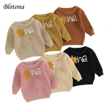 Blotona / Новейший осенне-зимний свитер с длинными рукавами для новорожденных девочек и мальчиков, свободный пуловер с цветочными буквами, повседневные топы 6-24 м