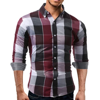 Jemeigar Мужские модные рубашки в клетку с длинным рукавом на пуговицах, повседневная рубашка без морщин, мужские облегающие футболки