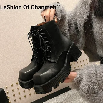 LeShion Of Chanmeb/ Женские ботинки из натуральной кожи, винтажные мотоциклетные ботинки на шнуровке на толстом каблуке, женская обувь на платформе и молнии на толстой подошве