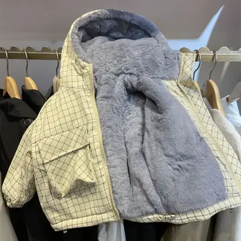 MODX/ теплые куртки с меховой подкладкой в клетку для маленьких мальчиков, утепленные капюшоном и кулиской, детская термобарка, пальто для детей 1-8 лет