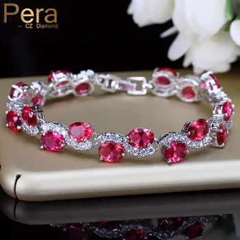 Pera Romantic Indian Red Women Party Jewelry Micro Pave Кубический Цирконий Большой Камень Овальной Формы Серебристого Цвета Браслет для Femme B109