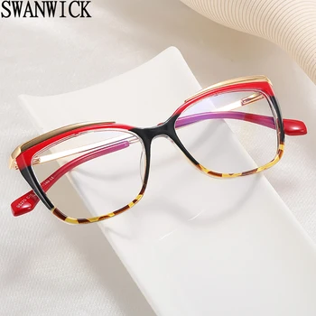 Swanwick очки с синим светом, пружинный шарнир, женские очки для кошачьего глаза, оправа, оптическая мода, прозрачные линзы, черный, красный полуметалл