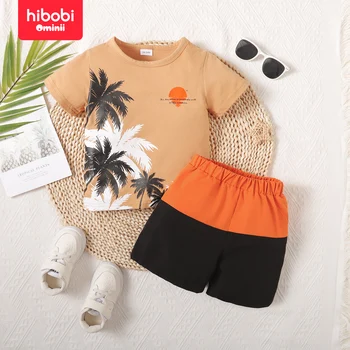 hibobi, футболка с короткими рукавами и цветными шортами с рисунком кокосовой пальмы для мальчика, из 2 предметов, Стильный повседневный спортивный костюм для мальчиков