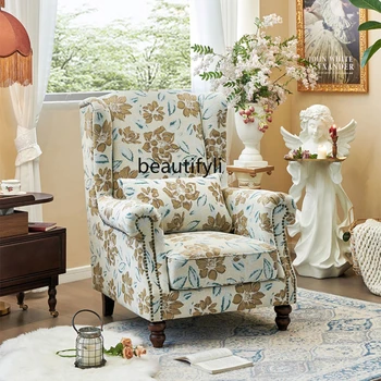 Американское тканевое кресло с откидной спинкой, односпальный деревянный диван, ретро Гостиная, спальня для отдыха, кресло с высокой спинкой.