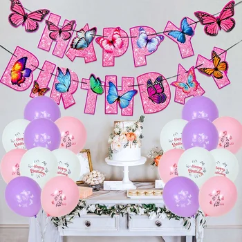 Баннер с розовой бабочкой на День Рождения, Фон для посуды, с 1-м Днем Рождения, декор для вечеринки, Украшение бабочкой для девочки, Детский Душ