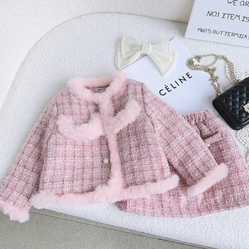 Весенне-зимние комплекты одежды в клетку для девочек из 2 предметов, модные детские костюмы для девочек от 1 до 10 лет, куртка с хлопковой подкладкой, пальто + юбка