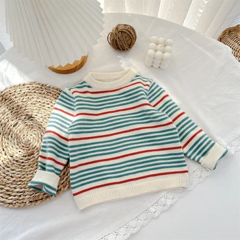 Весенне-осенние вязаные разноцветные свитера для новорожденных девочек/мальчиков, эластичные свитера с длинными рукавами в Корейском стиле, Мягкие повседневные