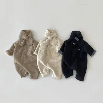 Винтажный детский комбинезон с буквенным принтом Плюс толстый бархатный зимний теплый комбинезон для мальчиков и девочек, однотонная одежда для новорожденных, детская одежда для новорожденных