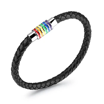 Горячий радужный черный кожаный браслет с магнитной пряжкой из нержавеющей стали, браслет для геев и лесбиянок, ЛГБТ-украшения B217