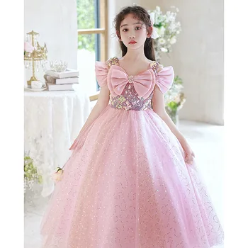 День рождения девочек Принцесса розовая с открытыми плечами, расшитая бисером, блестками, свадебное платье для девочек в цветочек, детское платье из тюля для выпускного вечера