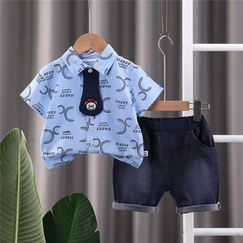 Детская брендовая одежда, летний наряд в корейском стиле, одежда для мальчиков от 6 до 9 месяцев, милые рубашки с принтом и джинсовые шорты, комплекты для малышей
