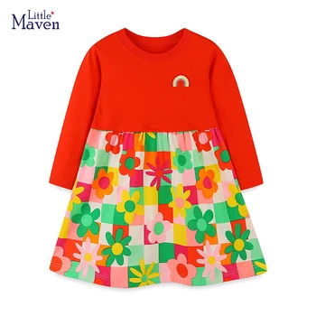 Детская одежда Little Maven, осенняя детская одежда, детское платье с радужными цветами из мультфильма для маленьких девочек, хлопковое платье с длинными рукавами