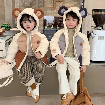 Детская пуховая хлопчатобумажная куртка для мальчиков Корейская версия осенне-зимней толстой куртки с капюшоном для девочек