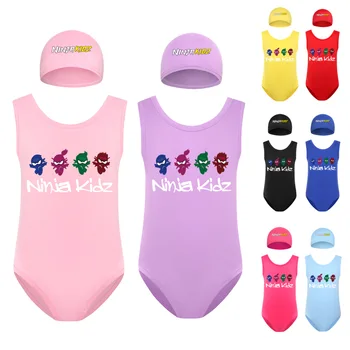 Детские купальники NINJA KIDZ для маленьких девочек, мультяшный купальник + кепка, комплект из 2 предметов, цельная пляжная одежда, детский купальный костюм