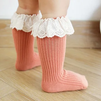 Детские носки для девочек ясельного возраста С большим бантом до колена, Длинные Мягкие хлопковые детские платья в стиле Принцессы, кружевные детские носки