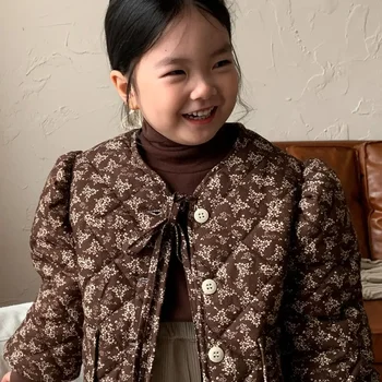 Детское пальто Зимняя детская одежда 2023 года, хлопковая утеплительница в стиле ретро, топ с длинными рукавами и цветочным рисунком для девочек, зимняя одежда для маленьких девочек