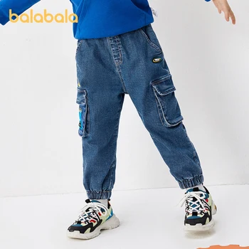 Джинсы для маленьких мальчиков Balabala, осенне-зимний карман, плюс бархатная Теплая Крутая рабочая одежда, джинсовые брюки