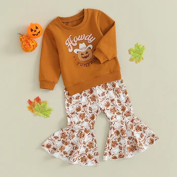 Для маленьких девочек, наряд с цветочным рисунком Тыквы на Хэллоуин, Пуловер с длинным рукавом, толстовка, Комплект расклешенных брюк