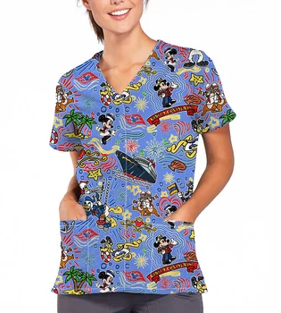 Женская больничная одежда с принтом в виде животных из мультфильма Диснея, карман с V-образным вырезом и принтом в виде скраба, Верхняя одежда для лабораторных сестер, верхняя одежда для медсестер