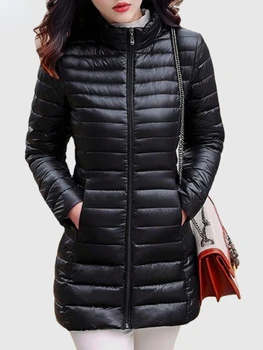 Женская легкая зимняя куртка 2023 года выпуска с четырьмя карманами для скрытого ношения, мягкие стеганые куртки Microlight, пальто средней длины.