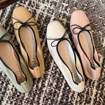 Женская обувь в складку с узлом-бабочкой, женские швейные линии, женские балетки на плоской подошве, кожаные женские однотонные сапоги