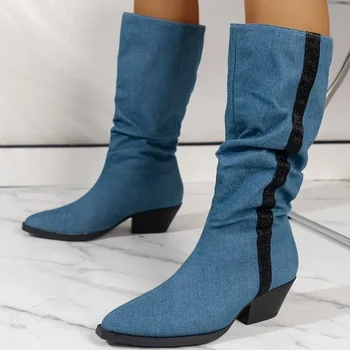Женские ковбойские сапоги 2023, осенне-зимние модные женские ботинки с острым носком, Удобные сапоги на платформе с квадратным каблуком Zapatos Mujer
