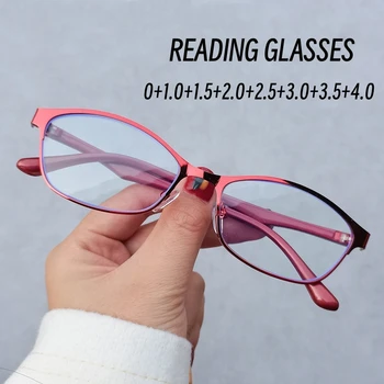 Женские новые очки для чтения с синим светом, металлические полнокадровые очки для пресбиопии, модные компьютерные очки с отделкой от 0 до + 4.0