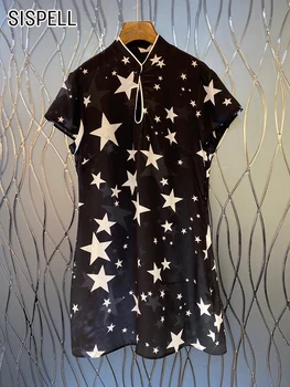 Женские платья со звездным принтом SISPELL Hirt Color, воротник-стойка, Короткий рукав, мини с высокой талией, Открытое Элегантное платье, Женское платье 2022 г.