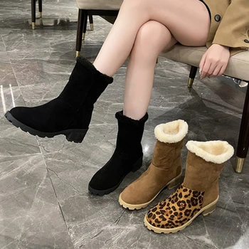 Женские утолщенные ботинки до середины икры, Зимние новые хлопчатобумажные туфли большого размера с леопардовым принтом на толстой подошве, Зимние ботинки Botas Para Mujer