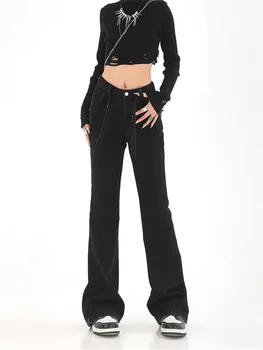 Женские черные винтажные расклешенные джинсы в английском стиле, женские брюки с высокой талией, узкий деним, Новый тренд 2022 года, джинсовые брюки Y2k