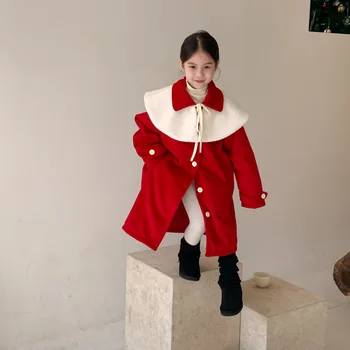 Зимнее Длинное пальто для девочек, хлопковый отложной воротник, Лоскутная Красная шерстяная куртка для девочек, повседневное толстое теплое пальто для девочек-малышей