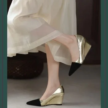 Золотисто-черные лоскутные туфли на высоком каблуке в стиле пэчворк, брендовые женские туфли для вечеринок с мелким горлом, Женские босоножки на высоком каблуке в стиле ретро 6-8 см, Новинка