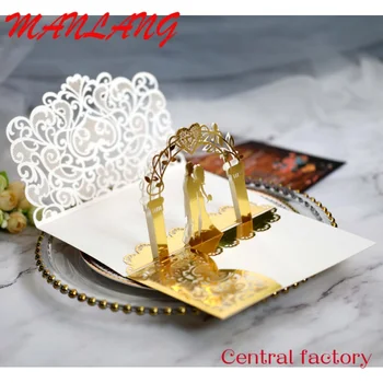 Изготовленная на заказ Joytop с пользовательской печатью, Золотая блестящая открытка для жениха и невесты 3D Up, свадебная пригласительная открытка, вырезанная лазером, роскошь