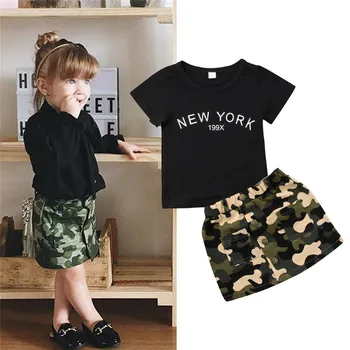 Камуфляжный комплект из 2 предметов для маленьких девочек, летняя одежда для новорожденных, одежда для маленьких девочек, черная футболка с надписью + короткие юбки, наряды