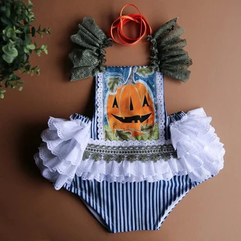 Комбинезон для новорожденных девочек на Хэллоуин с рисунком тыквы, кружевной комбинезон в полоску с треугольным низом, повседневная одежда