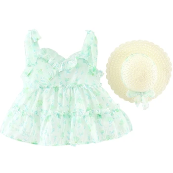 Комплект из 2 предметов, Летняя одежда для новорожденных девочек, Корейское модное Шифоновое пляжное платье принцессы с V-образным вырезом + солнцезащитная шляпка для малышей, платья BC240