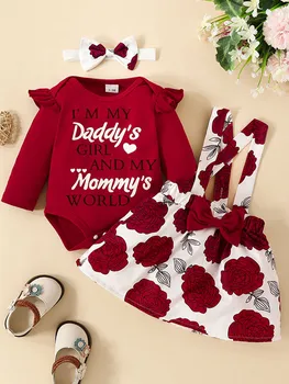 Комплект осенней одежды для маленьких девочек, комбинезон с длинным рукавом, юбка с цветочным принтом и платье в целом