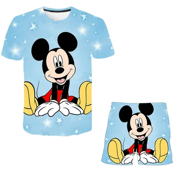 Комплекты одежды для девочек с Микки Маусом Disney, Новые летние футболки + короткие брюки, костюмы, костюмы с героями мультфильмов, наряды от 1 до 14 лет