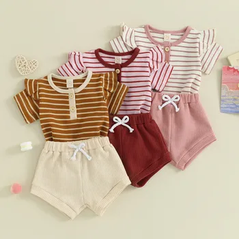 Комплекты шорт для новорожденных девочек, летняя одежда, боди в полоску с коротким рукавом и шорты с эластичной резинкой на талии, комплект из 2 предметов, детская одежда